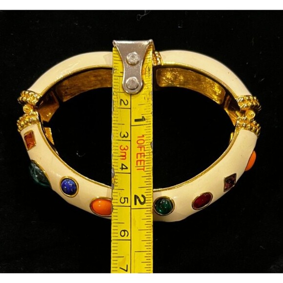 Signed KJL  Kenneth Jay Lane Ivory White Enamel MultiGem Cabochon Bangle Book Pc - Picture 11 of 11